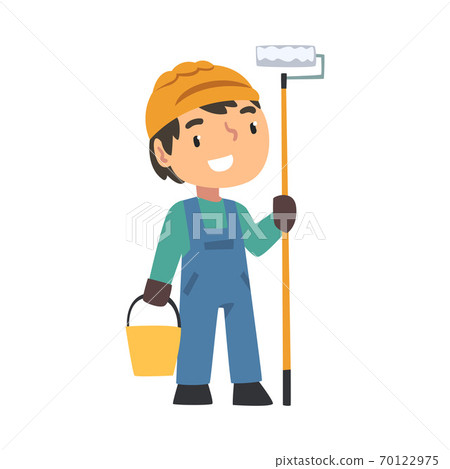Boy Construction Worker with Bucket and Paint Roller, Cute Little Builder Character Wearing Blue Overalls and Hard Hat with Professional Tools Cartoon Style Vector Illustration Boy Construction Worker with Bucket and Paint Roller, Cute Little Builder Character Wearing Blue Overalls and Hard Hat with Professional Tools Cartoon Style Vector Illustration 70122975