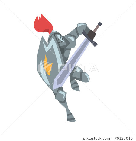Medieval Knight, Chivalry Warrior Character in Full Metal Body Armor Running with Shield and Sword Cartoon Style Vector Illustration 70123016