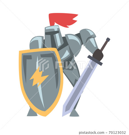 Medieval Knight in Fighting Pose, Chivalry Warrior Character in Full Metal Body Armor with Shield and Sword Cartoon Style Vector Illustration 70123032