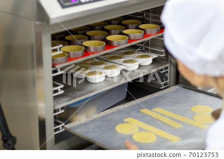 A uniformed cook puts pieces of cake in the refrigerator A uniformed cook puts pieces of cake in the refrigerator 70123753