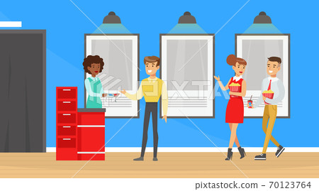 People Going to the Cinema with Popcorn, Visitors Buying Cinema Tickets at Service Ticket Counter Cartoon Vector Illustration People Going to the Cinema with Popcorn, Visitors Buying Cinema Tickets at Service Ticket Counter Cartoon Vector Illustration 70123764