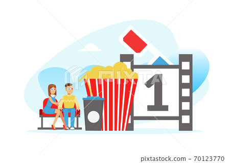 Tiny People Visiting Movie Theatre, Couple Wearing 3d Glasses Watching Movie with Huge Bucket of Popcorn and Soda Drink Cartoon Vector Illustration 70123770