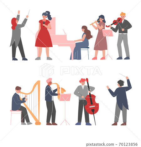 Musician Characters Playing Musical Instruments Set, Playing Violin, Classical Instrumental Symphony Orchestra Performers Flat Style Vector Illustration 70123856