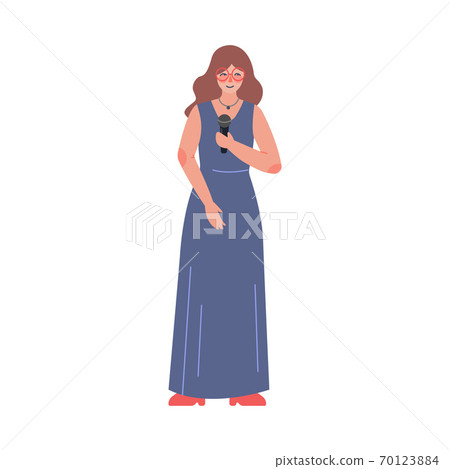 Classical Music Singer, Beautiful Young Woman Performing on Stage with Microphone Flat Style Vector Illustration 70123884