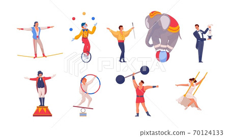 Cartoon characters of isolated people performing circus and acrobatic tricks 70124133