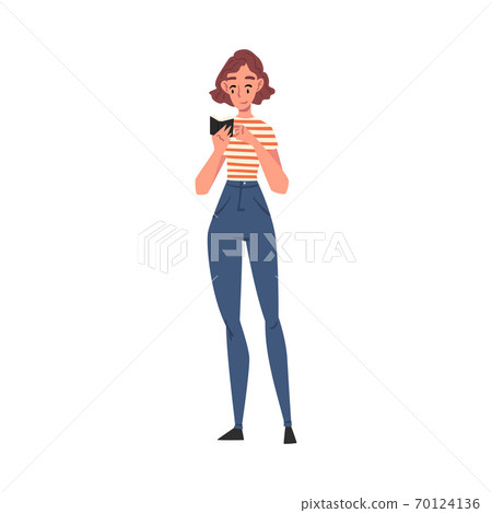 Girl Reading Book while Standing, Front View of Female Student Character Studying or Preparing for Exam, Book Lover, Reader Cartoon Style Vector Illustration 70124136