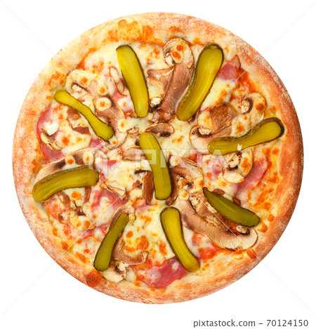 Delicious classic italian pizza with Mozzarella, ham ,mushrooms and pickled cucumbers 70124150