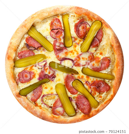 Delicious classic italian pizza with Mozzarella, ham ,pepperoni and pickled cucumbers 70124151
