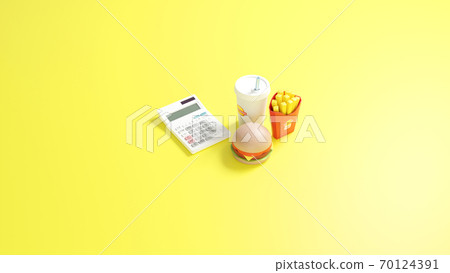 玩具漢堡包的逼真插圖放置在平坦的表面和3DCG計算器 70124391