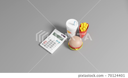 Photorealistic illustration of a toy hamburger set placed on a flat surface and a calculator with 3DCG 70124401