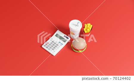 Photorealistic illustration of a toy hamburger set placed on a flat surface and a calculator with 3DCG 70124402