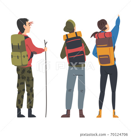 Friends Hiking on Nature, Back View of Travelers with Backpacks Looking into the Distance, Summer Vacation Adventures Cartoon Style Vector Illustration Friends Hiking on Nature, Back View of Travelers with Backpacks Looking into the Distance, Summer Vacation Adventures Cartoon Style Vector Illustration 70124706