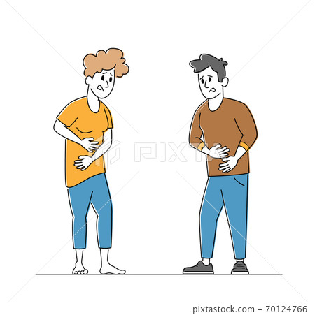 Health Problem, Stomach Disease Symptoms. Couple of Male and Female Characters Feeling Strong Abdominal Pain, Sick Body 70124766
