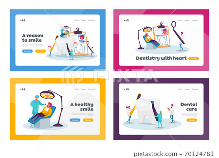 Dental Health Care, Oral Treatment Program Check Up Landing Page Template Set. Tiny Doctor Dentists Characters Use Tools 70124781