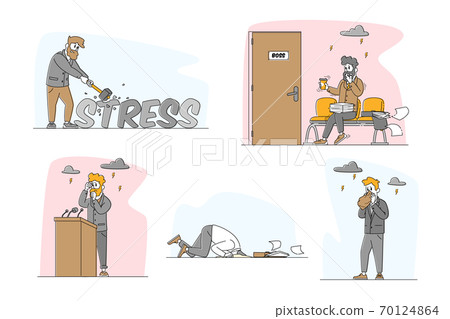 Set of Male Characters with Panic Attack in Public Place. Psychology, Solitude, Fear, Mental Health Problem, Depression 70124864