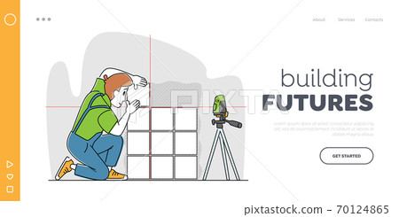 Tiles Laying Service Landing Page Template. Male Worker with Laser Level Tool Fitting Tile Pieces on Wall. House Work 70124865