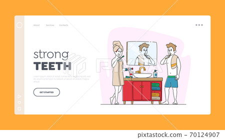 Couple Characters Toothbrushing Procedure Routine.Landing Page Template. Young Woman and Man Stand at Mirror in Bathroom Couple Characters Toothbrushing Procedure Routine.Landing Page Template. Young Woman and Man Stand at Mirror in Bathroom 70124907