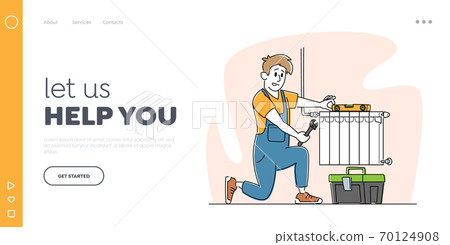 Plumbers Service, Heating Pipes Replacement Landing Page Template. Worker Character with Tools Repairing, Install House 70124908