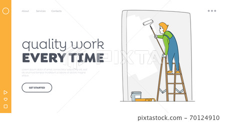 Handyman Service Landing Page Template. Home Repair Worker Character Painting Wall with Roller. Professional Master Handyman Service Landing Page Template. Home Repair Worker Character Painting Wall with Roller. Professional Master 70124910