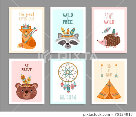 Be brave posters. Woodland wild animals, tribal arrows child fun birthday card. Happy forest adventure raccoon fox deer vector illustration 70124913