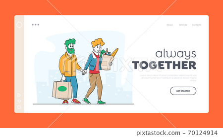 Happy Couple Moving from Grocery Store or Supermarket Landing Page Template. Man and Woman Customers with Shopping Bags 70124914