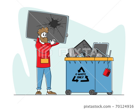 E-waste Recycling, Nature Protection Concept. Character with Broken TV front of Litter Bin for Electronics Appliances 70124916