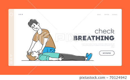 Medical Cardiopulmonary Resuscitation Landing Page Template. First Aid to Victim Lying on Floor. Man Lift Patient Chin 70124942