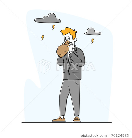 Psychology, Fear or Mental Health Problems. Panic Attack in Public Place. Businessman Character Having Panic Disorder Psychology, Fear or Mental Health Problems. Panic Attack in Public Place. Businessman Character Having Panic Disorder 70124985