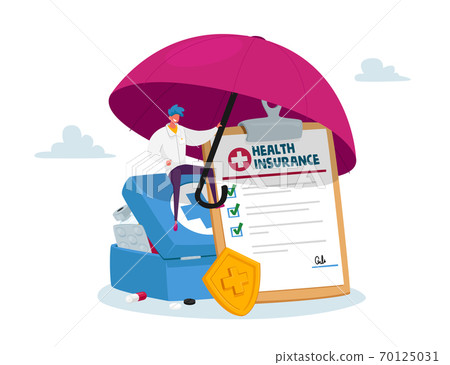 Tiny Doctor Man Sitting on Huge Box with Medical Pills, under Umbrella with Health Insurance Policy Contract Document Tiny Doctor Man Sitting on Huge Box with Medical Pills, under Umbrella with Health Insurance Policy Contract Document 70125031
