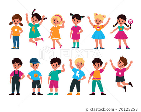 Children jump, a boy and a girl joyfully wave their hands bouncing up.  Vector flat illustration in cartoon style isolated on white background, Stock vector