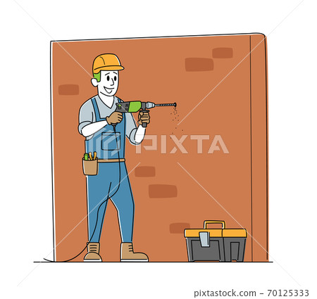 Worker Character Drill Wall. Home Repair Service, Construction, Renovation and Remodeling Works, Locksmith with Tools Worker Character Drill Wall. Home Repair Service, Construction, Renovation and Remodeling Works, Locksmith with Tools 70125333