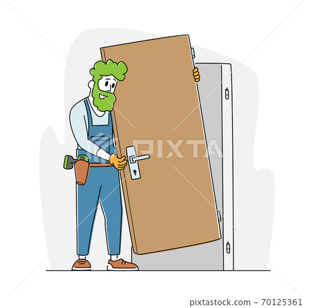 Home Repair Master Set Up New Door in Apartment. Construction Service. Engineer in Working Robe with Equipment Tools 70125361
