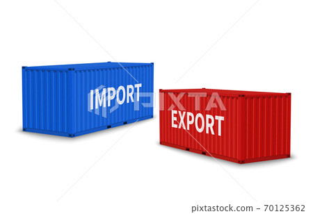Import and export containers. Cargo blue and red container various angles, commercial industrial shipment, international transportation logistic, delivery freight vector realistic concept Import and export containers. Cargo blue and red container various angles, commercial industrial shipment, international transportation logistic, delivery freight vector realistic concept 70125362