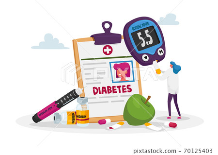 Tiny Doctor Insert Sample with Blood into Digital Glucose Meter to Control Diabetes Sickness. Medicine Bottle, Insulin 70125403