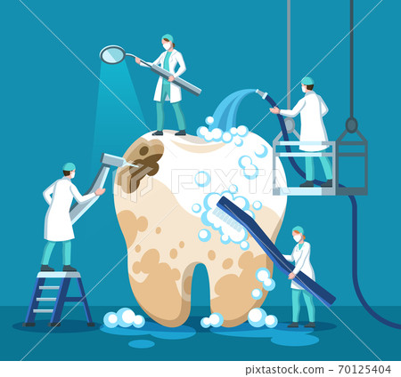 Dentist treating tooth. Small stomatologist, doctor clean big unhealthy tooth with toothpaste, toothbrush, drilling caries, cleaning plaque removal procedure dentistry vector concept Dentist treating tooth. Small stomatologist, doctor clean big unhealthy tooth with toothpaste, toothbrush, drilling caries, cleaning plaque removal procedure dentistry vector concept 70125404
