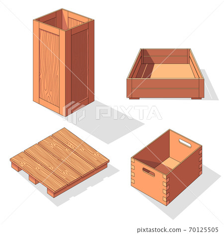 Wooden box isometric vector set icon. Pallets fruits and vegetables transportation containers 70125505