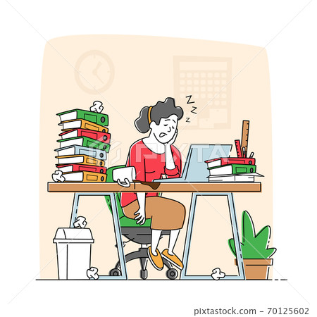 Overwork Burnout, Tiredness. Tired Overload Businesswoman Character with Low Life Energy Power Sleeping on Office Desk Overwork Burnout, Tiredness. Tired Overload Businesswoman Character with Low Life Energy Power Sleeping on Office Desk 70125602