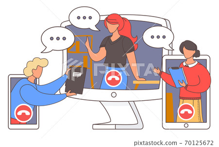 Video conference landing. Online business conference. Online webinar. People listen to the lecturer Video conference landing. Online business conference. Online webinar. People listen to the lecturer 70125672