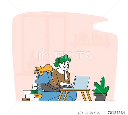 Remote Freelance Work, Homeworking Place Concept. Woman Freelancer Sit in Comfortable Beanbag Armchair Working Distant 70125684