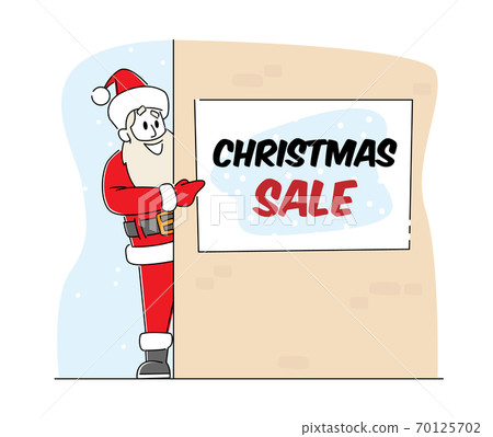 Santa Claus Point on Christmas Sale Banner Hanging on Wall. Xmas Character in Red Festive Costume Presenting Discount 70125702