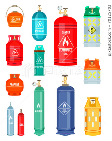 Set of gas cylinder tank. Propane bottle icon container. Oxygen gas cylinder canister fuel storage Set of gas cylinder tank. Propane bottle icon container. Oxygen gas cylinder canister fuel storage 70125703