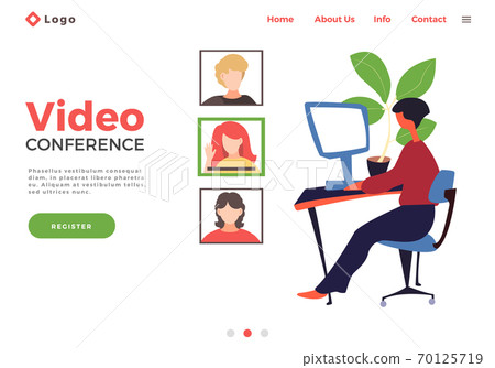 Landing page template with woman holding a video conference with colleagues or friends flat style Landing page template with woman holding a video conference with colleagues or friends flat style 70125719