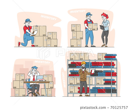 Set Physical Inventory Count Management. Storekeeper Characters Manage Warehouse Cargo Loading, Unloading Sorting Set Physical Inventory Count Management. Storekeeper Characters Manage Warehouse Cargo Loading, Unloading Sorting 70125757