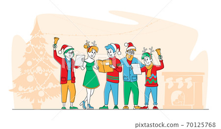 Christmas Characters in Santa Claus and Reindeer Hats Singing Xmas Carols Holding Song Books and Ringing Bell, Eve Night Christmas Characters in Santa Claus and Reindeer Hats Singing Xmas Carols Holding Song Books and Ringing Bell, Eve Night 70125768