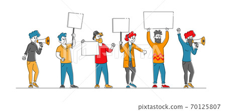 Angry People with Placards Protest on Rally Demonstration, Strike. Characters Holding Empty Placards, Banners or Signs Angry People with Placards Protest on Rally Demonstration, Strike. Characters Holding Empty Placards, Banners or Signs 70125807
