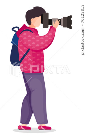 Tourist with backpack and high resolution camera taking photo, vector cartoon character, side view Tourist with backpack and high resolution camera taking photo, vector cartoon character, side view 70125815