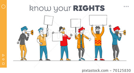 Angry People with Placards Protest on Rally Landing Page Template. Characters Holding Empty Placards, Banners or Signs 70125830