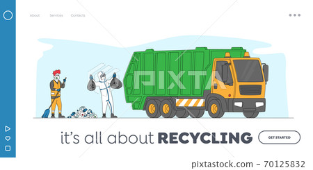 Janitors Collecting Garbage to Sacks with Bio Hazard Signs Landing Page Template. Characters Throw Covid Waste Used Mask 70125832