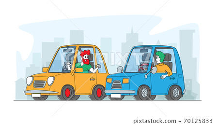 City Traffic Situation, Dwellers Suffered of Aggression. Car Accident or Conflict on Road, Drivers Characters Arguing City Traffic Situation, Dwellers Suffered of Aggression. Car Accident or Conflict on Road, Drivers Characters Arguing 70125833