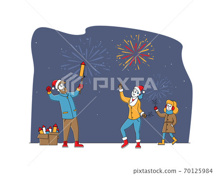 Happy Family Characters Mother, Father and Daughter Enjoying Fireworks Outdoor for Christmas or New Year Celebration 70125984